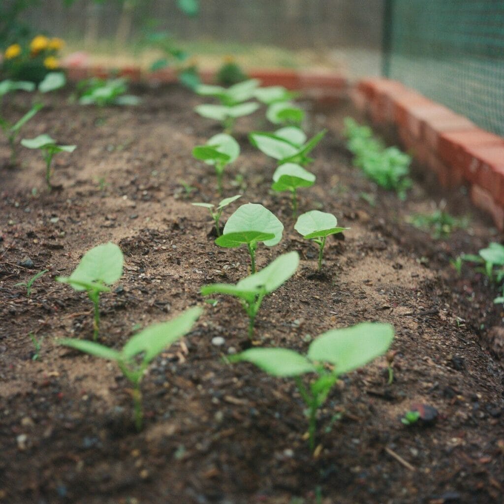 Small green seedlings growing in rows in a garden bed