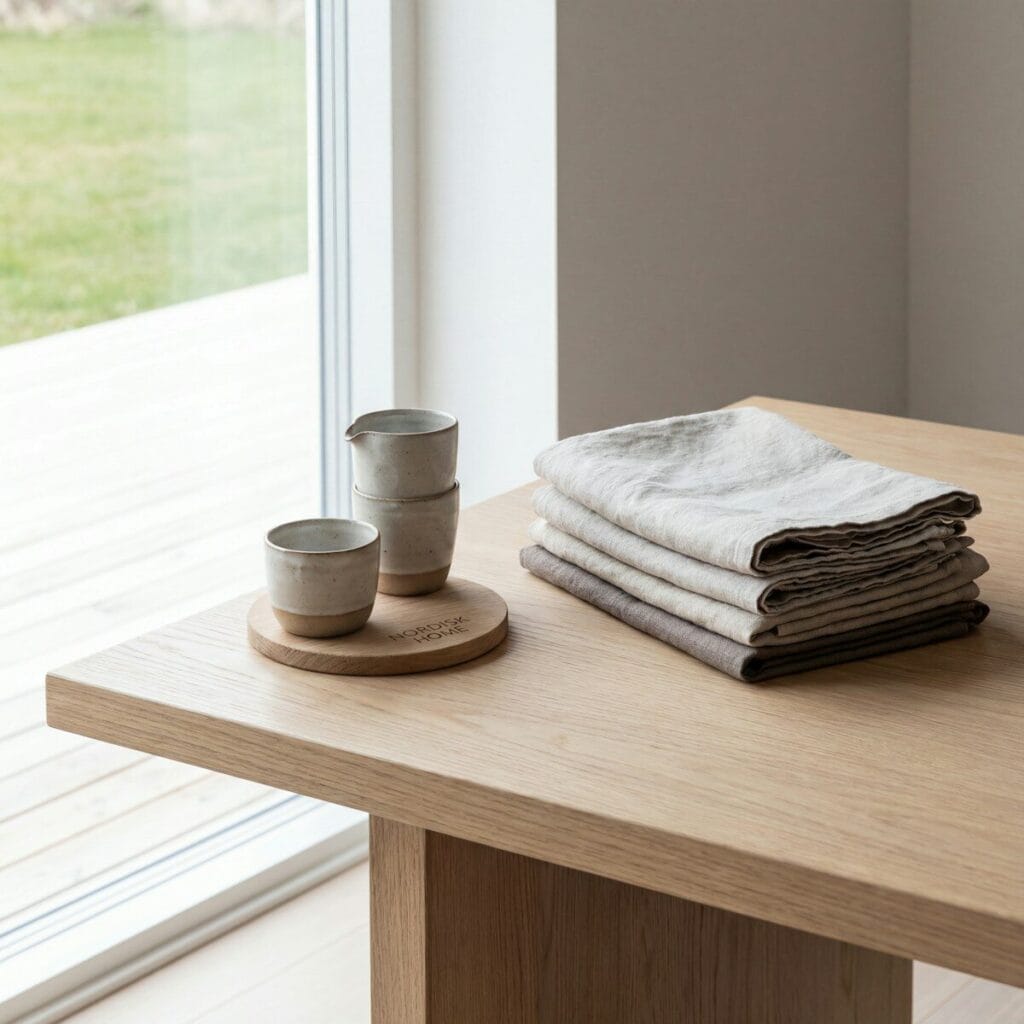 Stack of linen napkins and ceramic cups on table